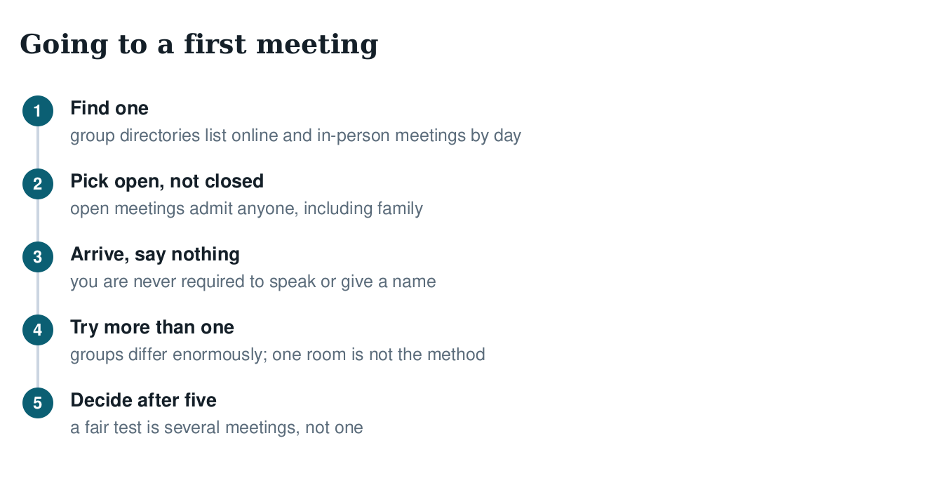 Five-step diagram of attending a first meeting: find one, choose an open meeting, arrive without speaking, try several