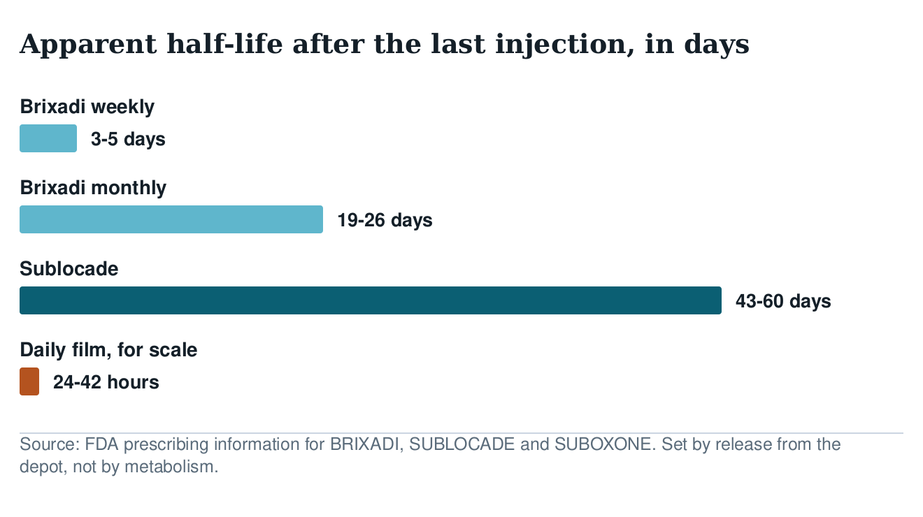 Bar chart of apparent half-life in days: Brixadi weekly 3 to 5, Brixadi monthly 19 to 26, Sublocade 43 to 60