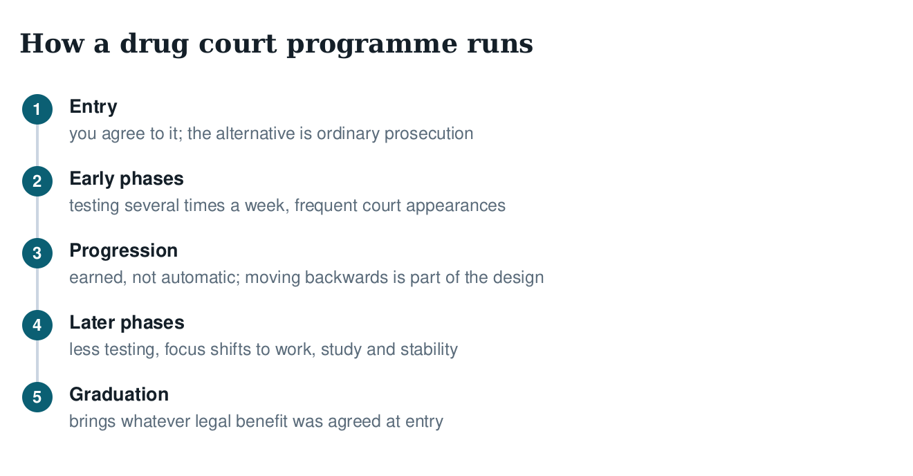 Five-step diagram of a drug court programme: entry, early phases with frequent testing, earned progression