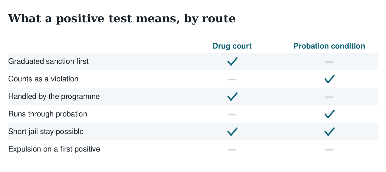 Table of what a positive drug test means in drug court against a probation condition: graduated sanction, violation