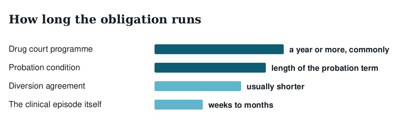 Bar chart of how long each obligation typically runs: drug court a year or more, probation condition for the term