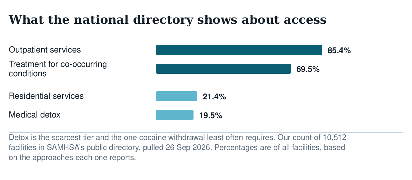 Bar chart of national access: outpatient services 85.4%, co-occurring treatment 69.5%, residential 21.4%, medical detox 19.5%