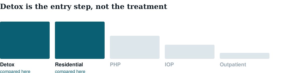 Five levels of addiction care with detox and residential treatment highlighted