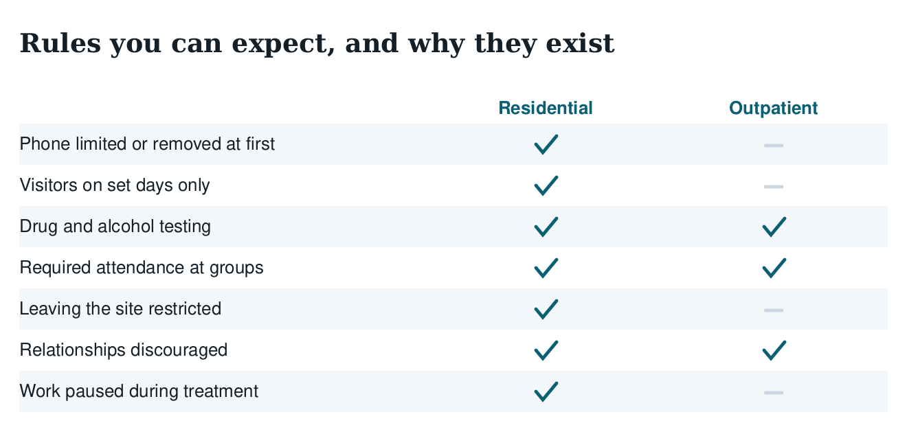 Table of rules in residential versus outpatient treatment: phone restrictions, visiting days, testing, required groups