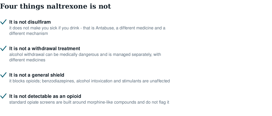 Checklist of four things naltrexone is not: disulfiram, a withdrawal treatment, a general shield against other substances, or detectable as an opioid on a drug screen