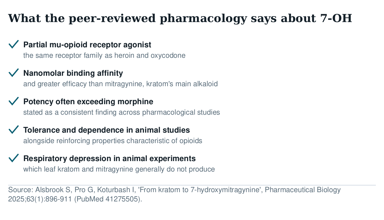 Checklist of peer-reviewed findings on 7-OH: partial mu-opioid agonist, nanomolar affinity, potency often exceeding morphine, tolerance and dependence in animal studies