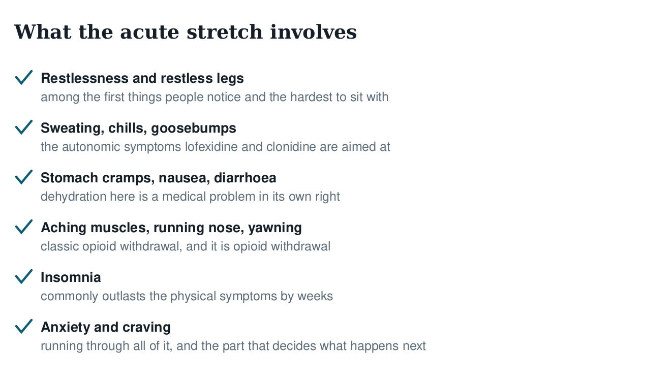 Checklist of acute symptoms: restless legs, sweating and chills, stomach cramps and diarrhoea, aching muscles, insomnia, anxiety and craving