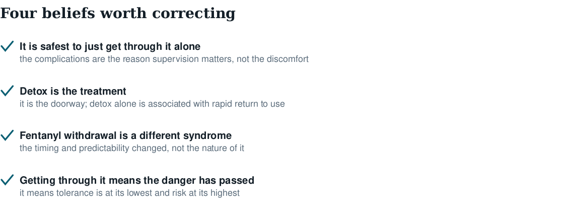 Checklist correcting four beliefs about opioid withdrawal: getting through it alone, detox as treatment, fentanyl as a different syndrome, and danger passing when symptoms end