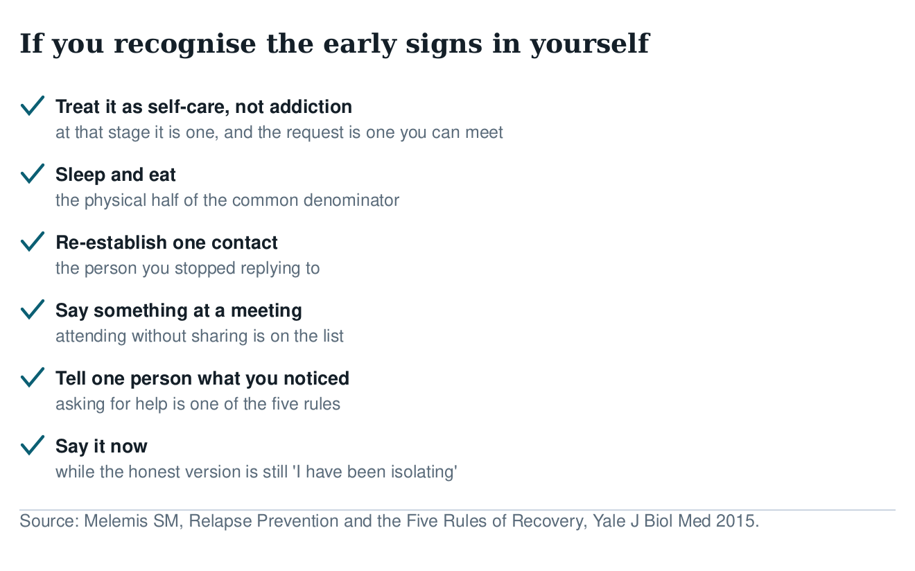 Checklist for recognising early relapse signs in yourself: treat it as self-care, sleep and eat, re-establish one contact