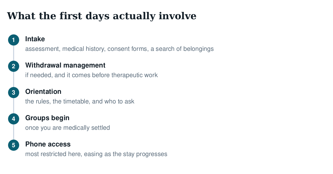 Five-step diagram of the first days: intake, withdrawal management if needed, orientation, groups beginning