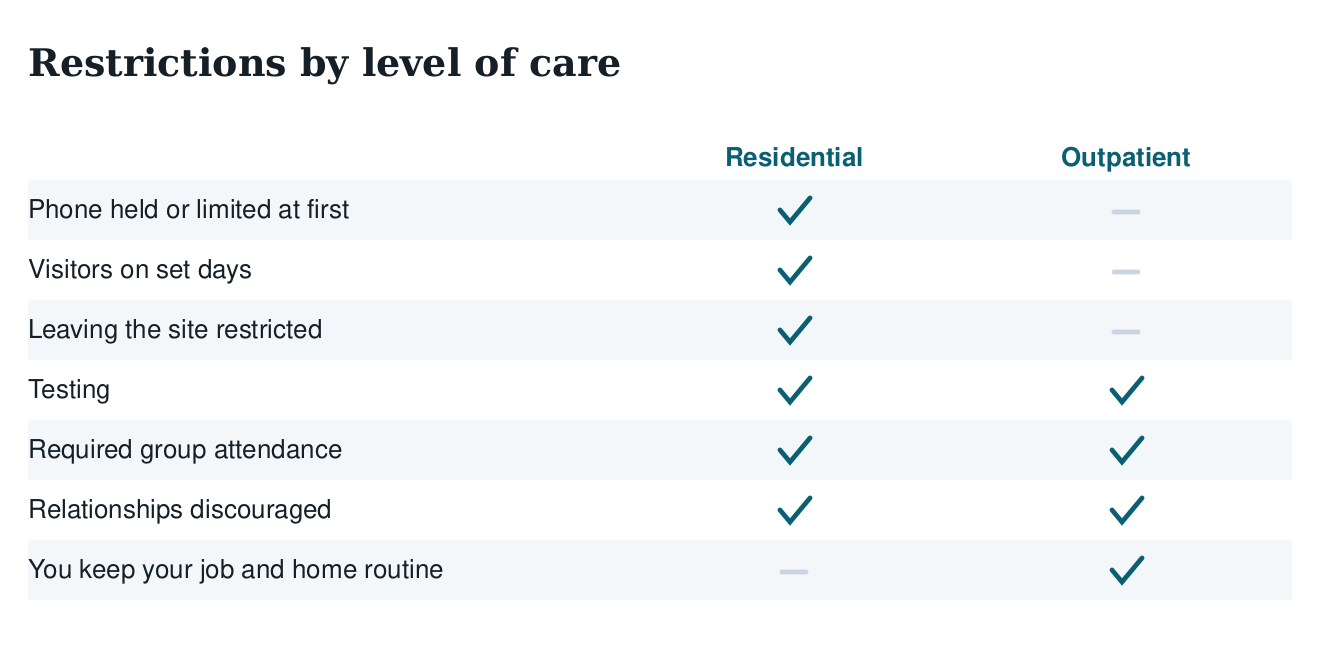 Table of restrictions by level of care: phone limits, visitor days, leaving the site, testing, group attendance