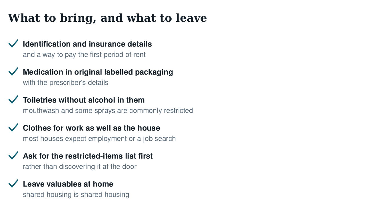 Checklist of what to bring to sober living: identification and insurance, labelled medication, alcohol-free toiletries
