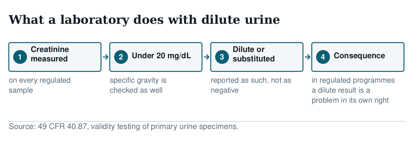 Flow diagram of laboratory handling of dilute urine: creatinine measured, specific gravity checked below 20 mg/dL