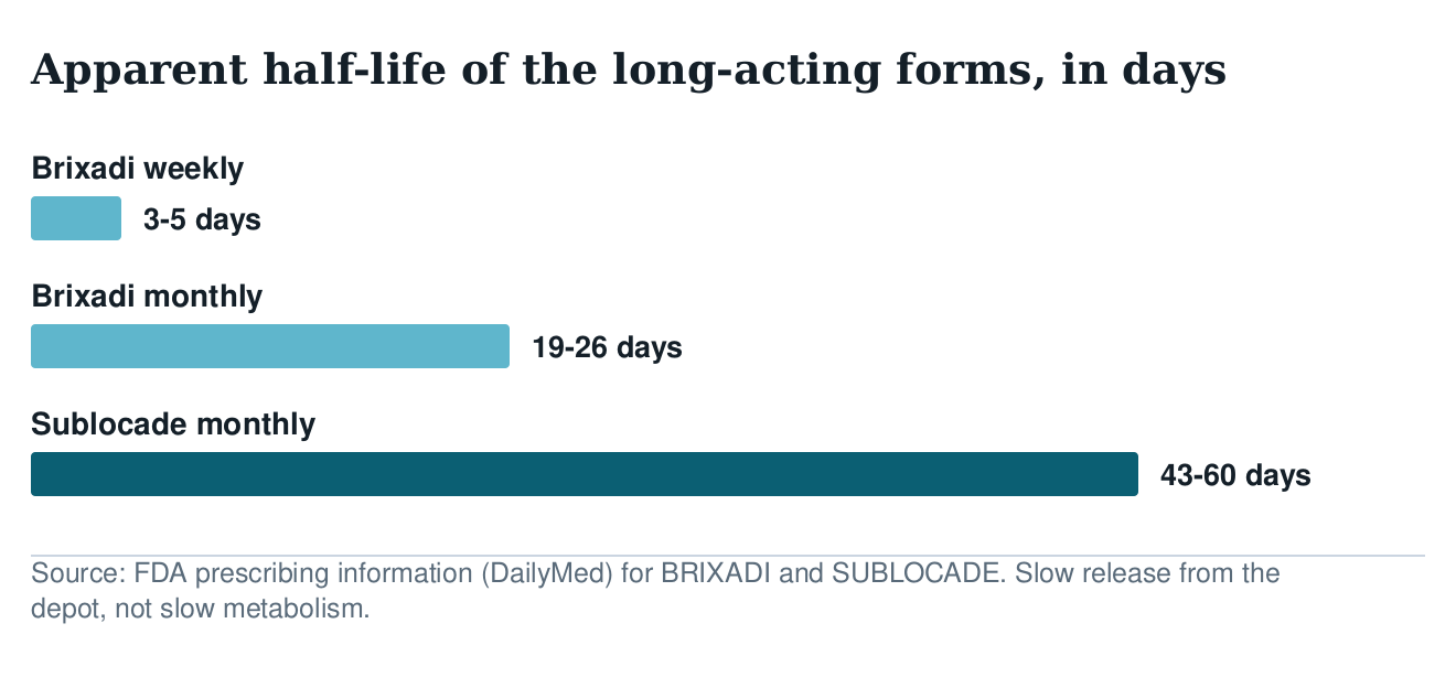 Bar chart of apparent half-lives of long-acting buprenorphine in days: Brixadi weekly 3 to 5, Brixadi monthly 19 to 26