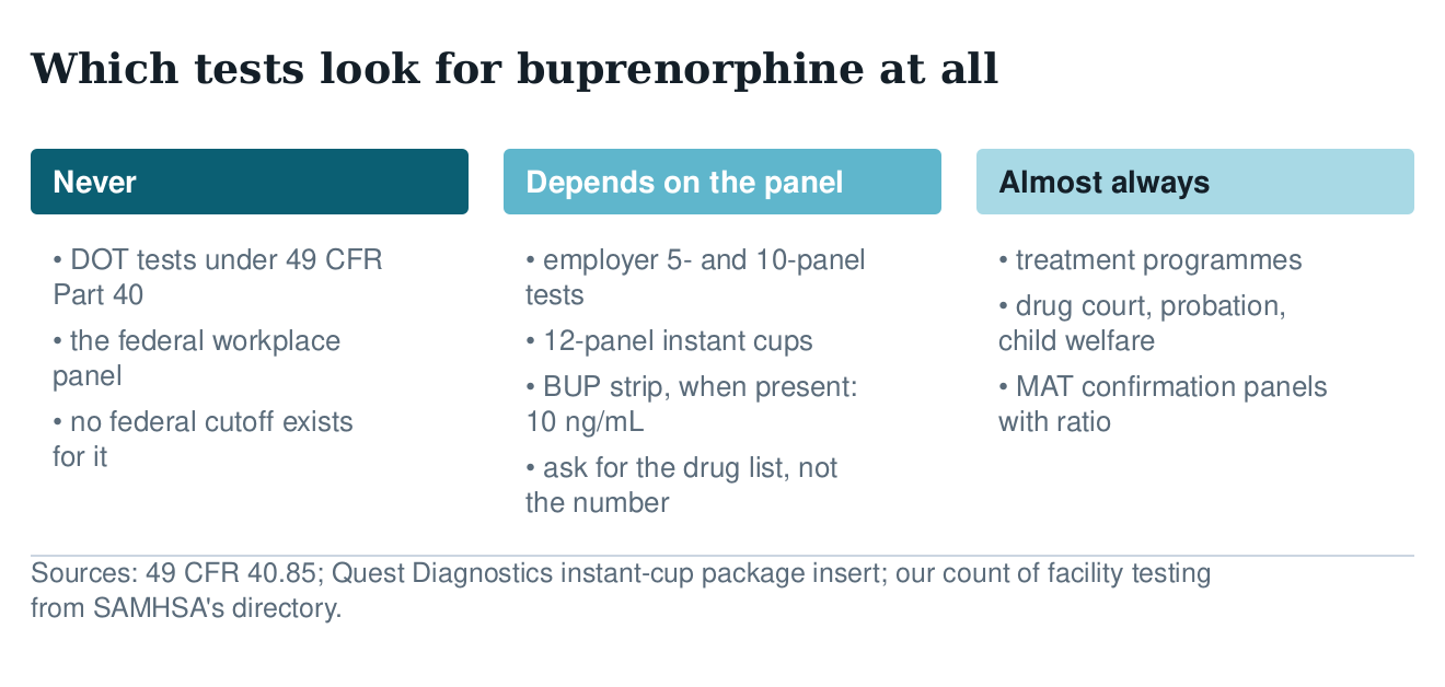 Three-column diagram of which tests include buprenorphine: never for DOT and federal panels