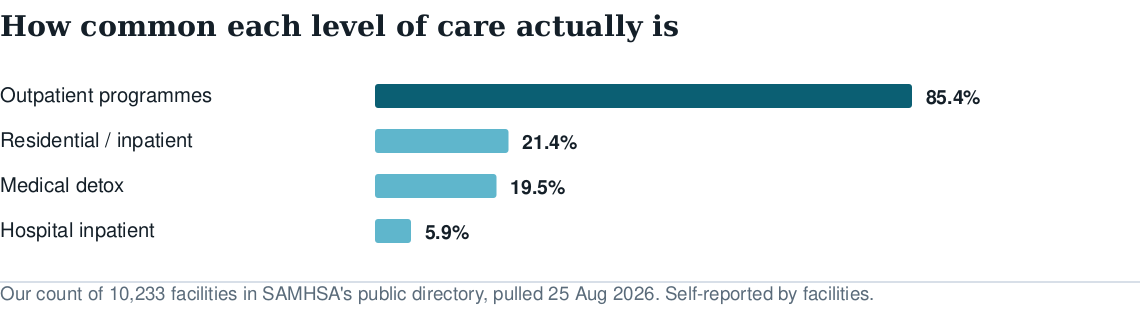 Bar chart of how many US treatment facilities offer each level of care: outpatient 85.4%, residential 21.4%, medical detox 19.5%, hospital inpatient 5.9%