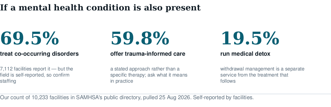 Three figures: 69.5% of facilities treat co-occurring disorders, 59.8% offer trauma-informed care, 19.5% run medical detox