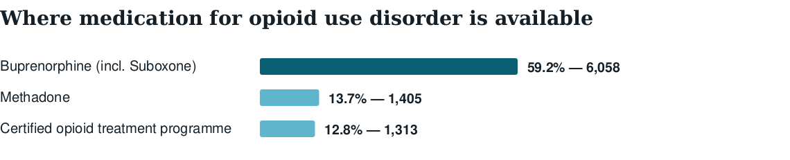 Bar chart of medication for opioid use disorder availability: buprenorphine at 59.2% of facilities, methadone at 13.7%, certified opioid treatment programmes at 12.8%
