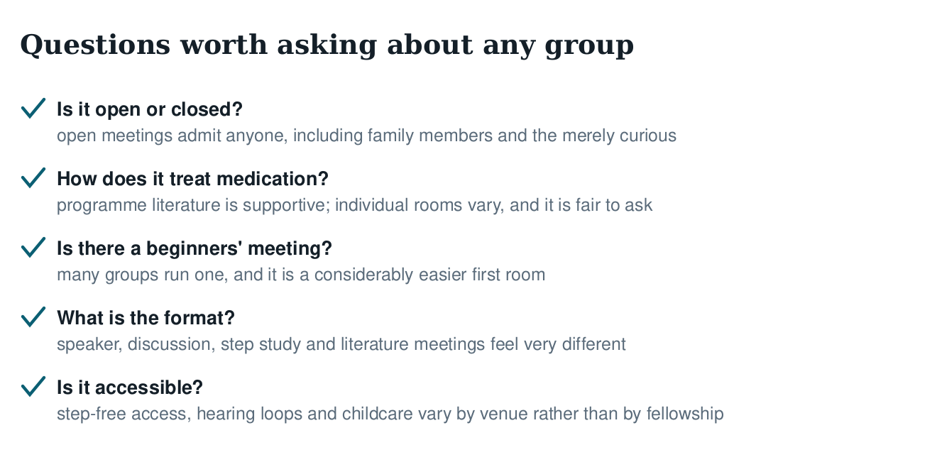 Checklist of questions to ask about a mutual-aid group: open or closed, attitude to medication, beginners meeting, format