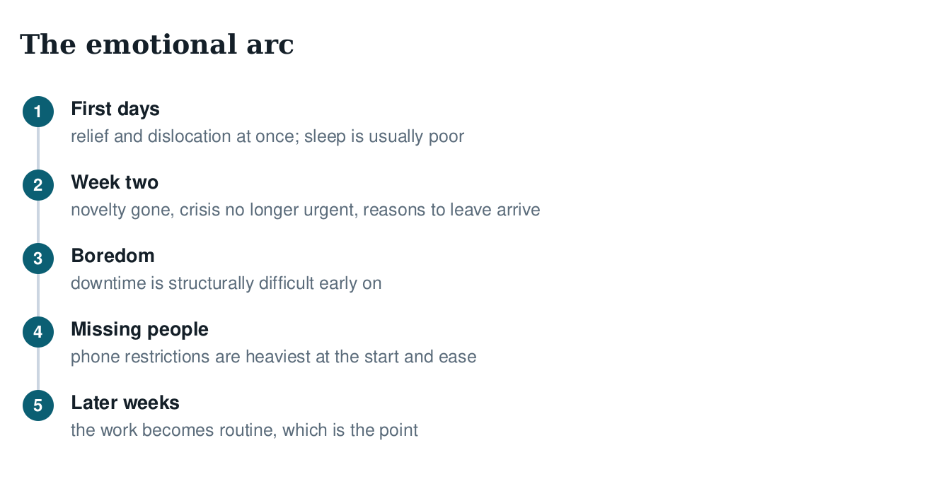 Five-step diagram of the emotional arc: first days of relief and dislocation, week two when reasons to leave arrive, boredom